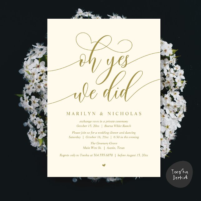 Convite Ah Sim, Nós Fizemos, Jantar de Festa de Casamento  (Oh Yes, We Did, Wedding Elopement Dinner Romantic Modern Party Invitation Card PDF Yellow Gold)