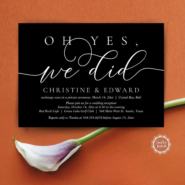 Convite Ah Sim, Nós Fizemos, Jantar Romântico de Casamento (Oh Yes, We Did, Wedding Elopement Dinner Invitation Card, PDF, Modern Romantic, in Elegant Black)