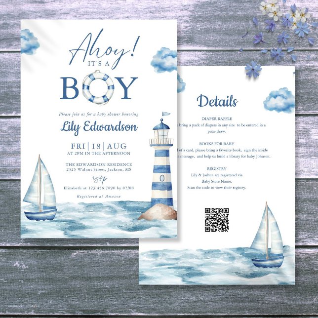 Convite Ahois É Um Chá de fraldas Náutico Rapaz Em Um Únic (Ahoy Its A Boy Nautical Baby Shower All In One Invitation)