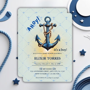 Convite Ahoy Azul Moderno! Chá de fraldas Náutico de Âncor