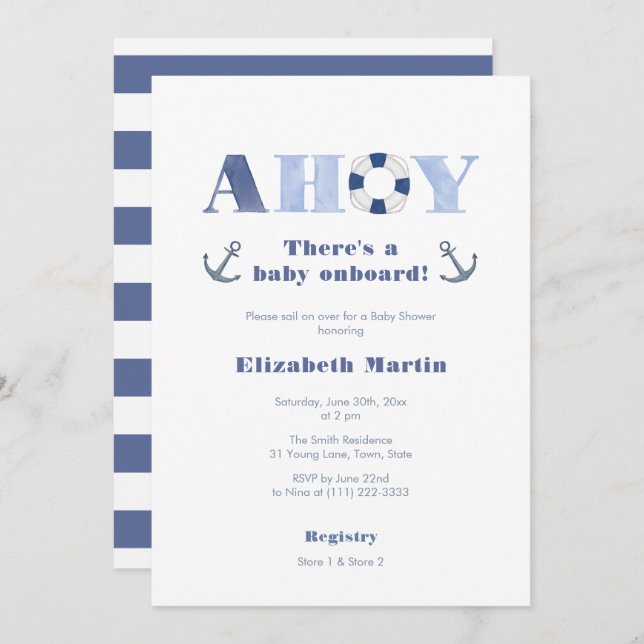 Convite Ahoy Baby No Conselho Do Chá de fraldas Náutico (Frente/Verso)