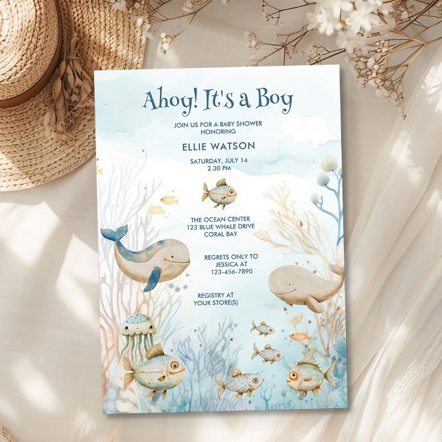 Convite Ahoy é um Chá de fraldas de baleia azul bege azul (Ahoy its a Boy invitation from the Whale Baby Shower Collection by Darling & May)