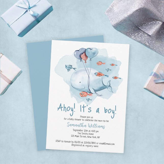 Convite Ahoy, é um Chá de fraldas de baleia giro (Ahoy It's A Boy Cute Whale Baby Shower Invitation
)