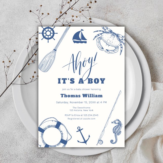 Convite Ahoy, é um Chá de fraldas de pesca náutica (Ahoy It's A Boy Nautical Fishing Baby Shower Invitation)