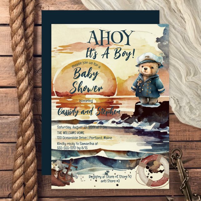 Convite Ahoy, é um Chá de fraldas de Urso Náutico (Ahoy It's A Boy Nautical Teddy Bear Baby Shower Invitation -- Print | Digital Download)