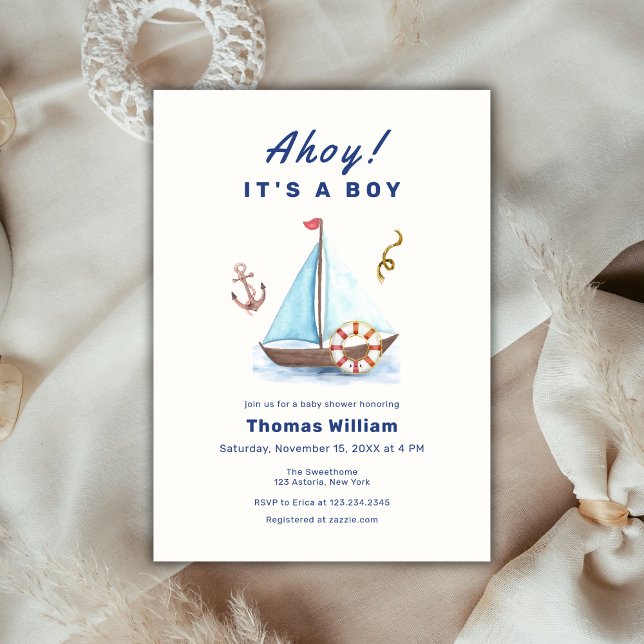 Convite Ahoy, é um Chá de fraldas de veleiro náutico (Ahoy It's A Boy Nautical Sailboat Baby Shower Invitation)