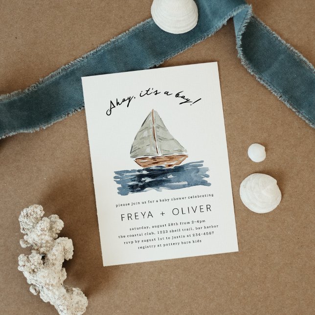 Convite Ahoy, é um Chá de fraldas de veleiro náutico (Ahoy, it's a Boy! Blue nautical watercolor sailboat modern baby shower invitation.)