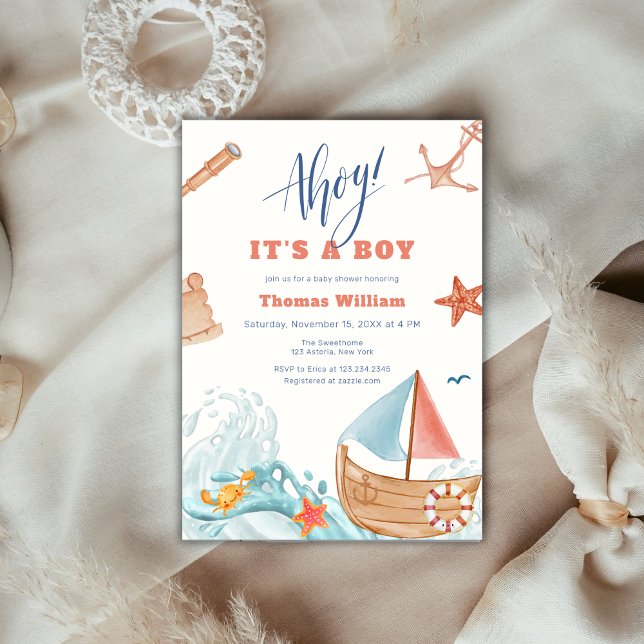 Convite Ahoy, é um Chá de fraldas de veleiro para garotos  (Ahoy It's A Boy Adventure Sailboat Baby Shower Invitation)