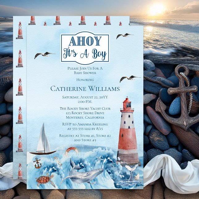 Convite Ahoy, é um Chá de fraldas do Oceano Farol (Ahoy It's A Boy Lighthouse Ocean-Themed Nautical Boy Baby Shower Invitation - Print | Digital)