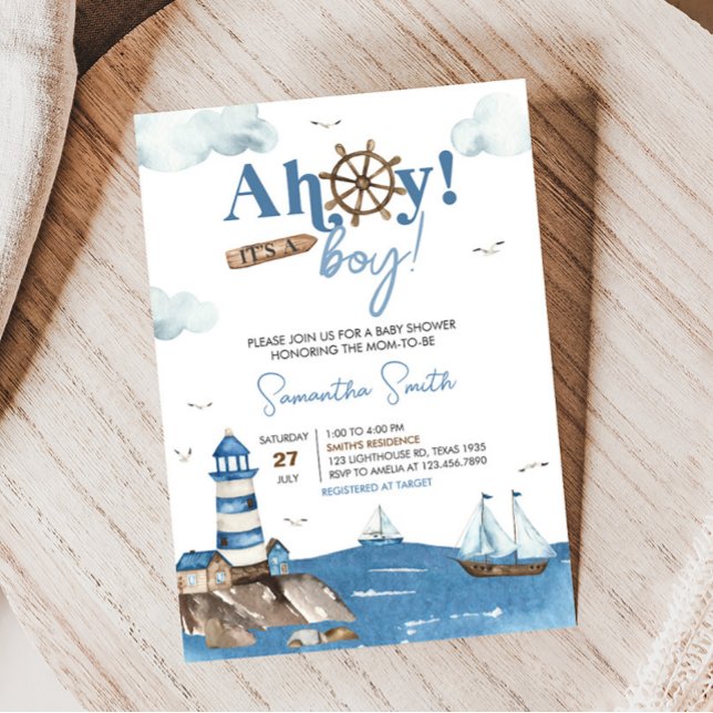 Convite Ahoy, é um Chá de fraldas náutico (Blue Boy Baby Shower Invitation)