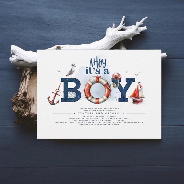 Convite Ahoy, é um Chá de fraldas náutico bonitinho (Nautical Baby Shower Invitations)