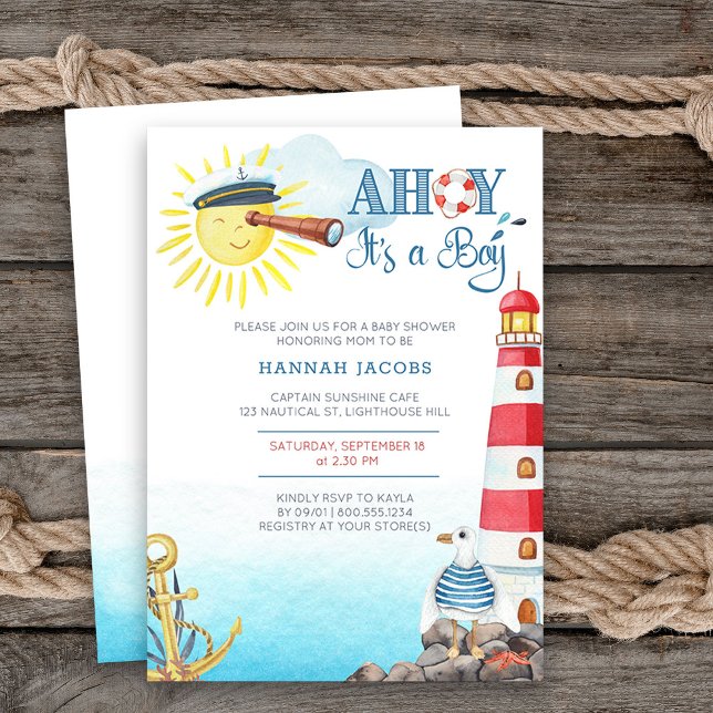 Convite Ahoy, é um Chá de fraldas náutico "Cute" (Boy baby shower invitation from my Ahoy it's a boy Nautical Baby Shower collection)