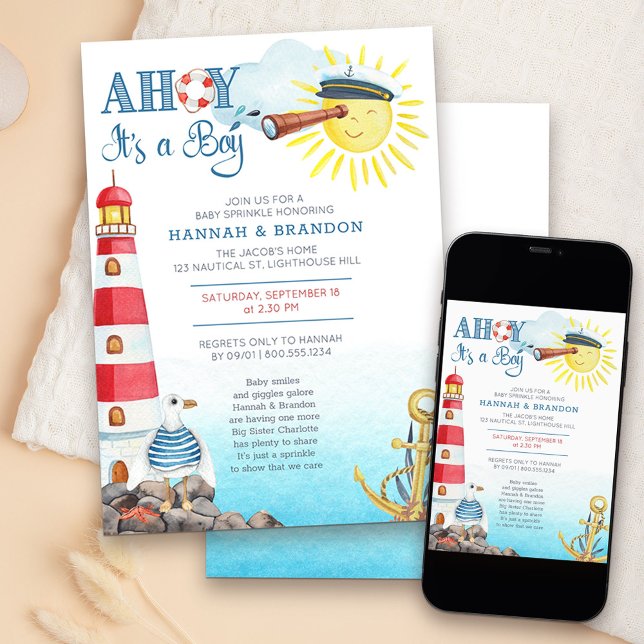 Convite Ahoy, é um Garoto Cute Náutico Bebê Náutico (Nautical Boy Baby Sprinkle invitation - message me to create additional templates
)