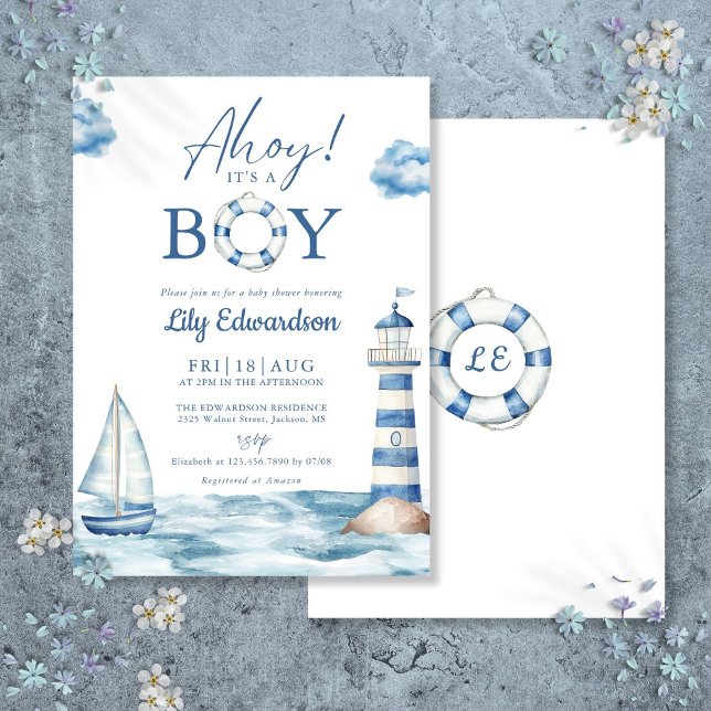 Convite Ahoy É Um Menino Azul Chuveiro de Bebê Náutico (Ahoy Its A Boy Blue Nautical Baby Shower Invitation)
