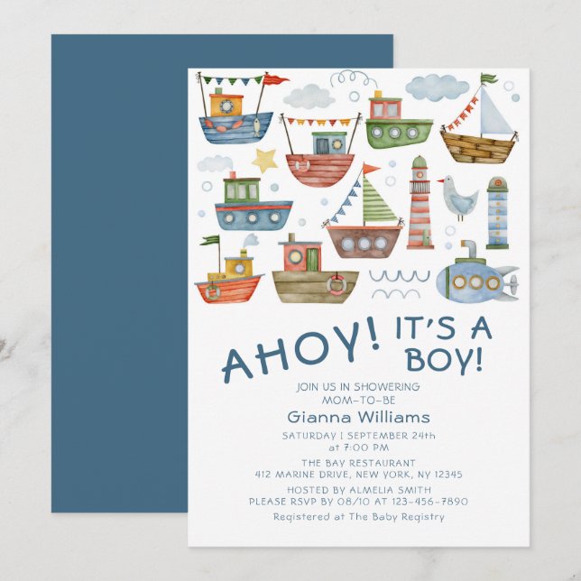 Convite Ahoy É um Menino Chá de Bebê Náutico (Frente/Verso)