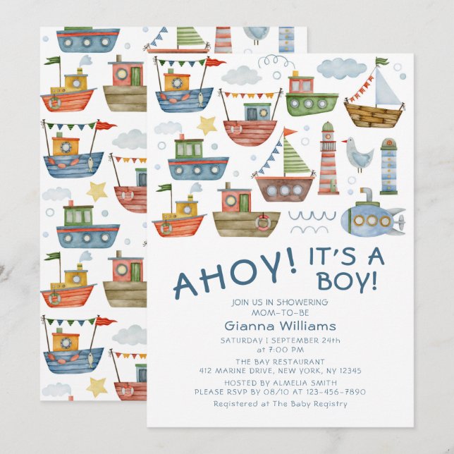 Convite Ahoy É um Menino Chá de Bebê Náutico (Frente/Verso)