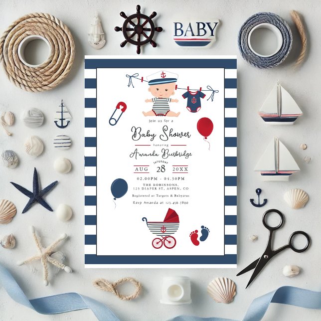 Convite Ahoy, é um menino! Chá de fraldas náutico (Ahoy it's a Boy! Nautical Baby Shower Invitation)