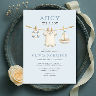 Convite Ahoy É um Menino Chuvador de Roupas Azuis para Chá