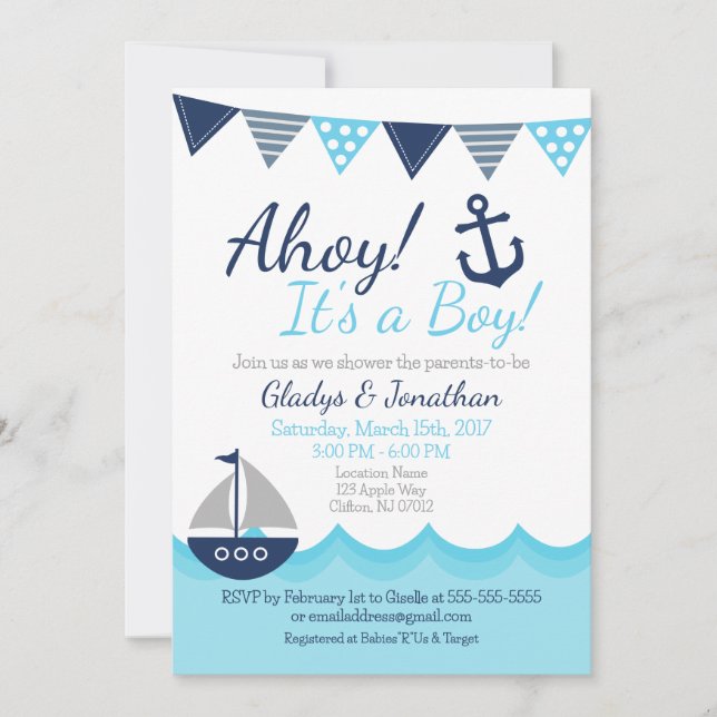 Convite Ahoy! It’s a Boy Nautical Sailor Baby Shower Invit (Frente)