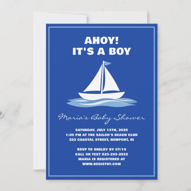 Convite Ahoy It's a Boy! Blue Nautical Boat Baby Shower  (Frente)