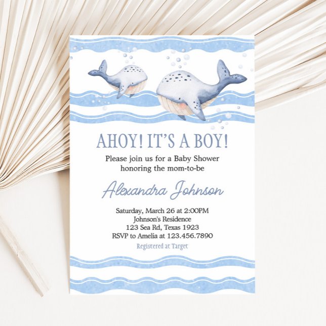 Convite Ahoy It's a Boy Whale Baby Shower  (Ahoy Whale Baby Shower Invitation)