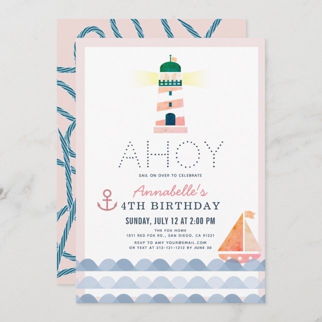 Convite Ahoy Lighthouse NMaritime Pink Girl Birthday (Frente/Verso)