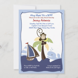 Convite Ahoy Mate Whale, Sailboat & Monkey Invation 5x7