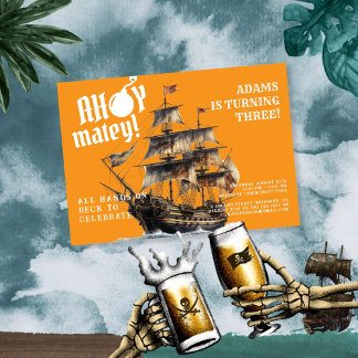 Convite Ahoy Matey! Aniversário do Navio Pirata Laranja