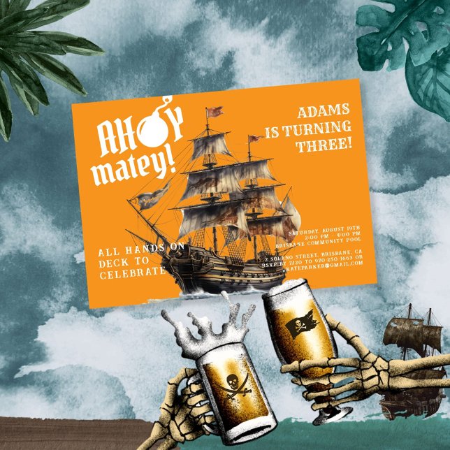 Convite Ahoy Matey! Aniversário do Navio Pirata Laranja (Criador carregado)