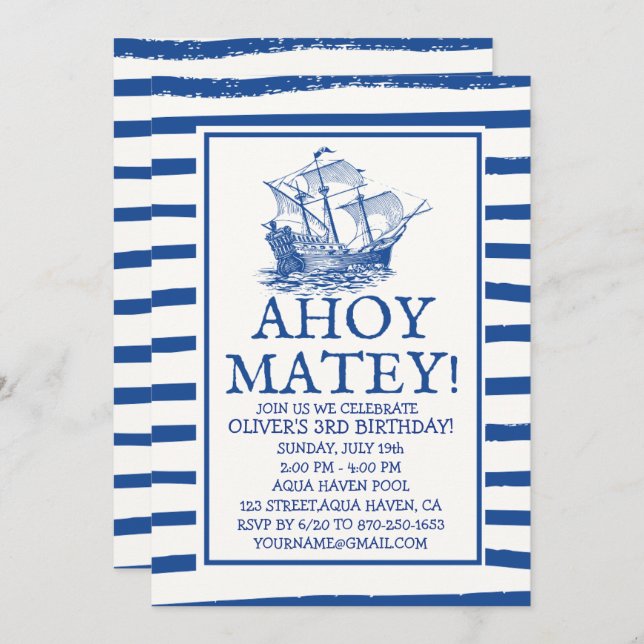 Convite Ahoy Matey! Aniversário do Navio Pirata Negro (Frente/Verso)