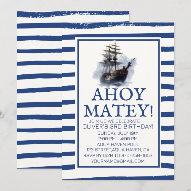 Convite Ahoy Matey! Aniversário do Navio Pirata Negro (Frente/Verso)