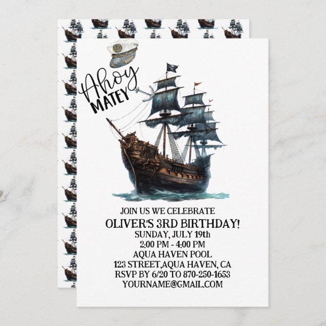 Convite Ahoy Matey! Aniversário do Navio Pirata Negro (Frente/Verso)