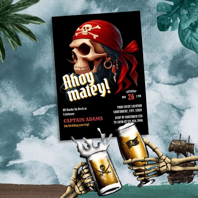 Convite Ahoy Matey! Aniversário do Pirata do Crânio Negro (Criador carregado)