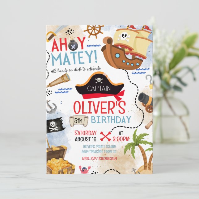 Convite Ahoy Matey Pirate Birthday Invitation Kids Pirate  (Em pé/Frente)