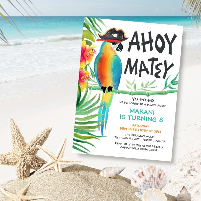 Convite Ahoy Matey Pirate Parrot Tropical Birday (Criador carregado)