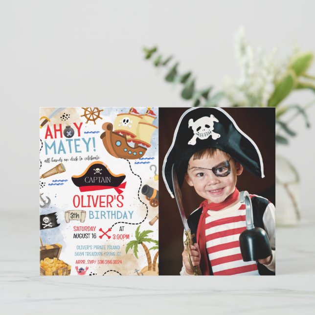 Convite Ahoy Matey Pirate Photo Birthday Invitation (Em pé/Frente)
