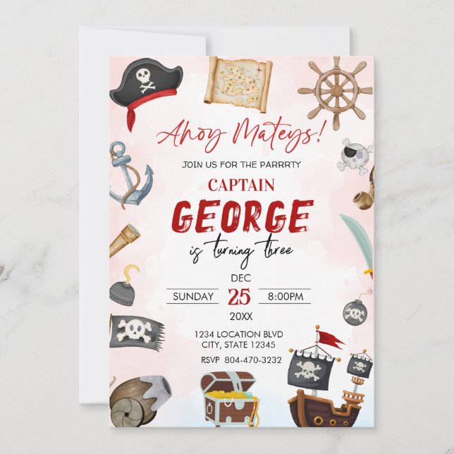Convite Ahoy mateys pirate Boy birthday  Invitation (Frente)