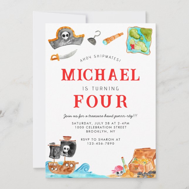 Convite Ahoy Shipmates Treasure Hunt Navio Pirata Aniversá (Frente)