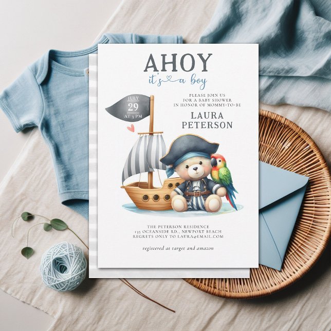 Convite Ahoy Teddy Bear Pirata Chá de fraldas de Garoto (ahoy boy baby shower invitation teddy bear pirate sailor boat captain cute watercolor character)