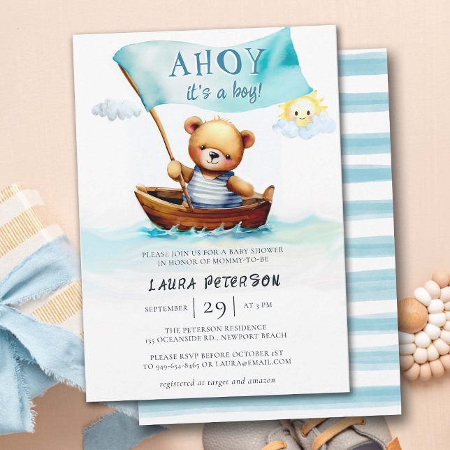 Convite Ahoy Teddy Bear Waves Boat Cute Boy Chá de fraldas (ahoy its a boy cute teddybear in boat ocean waves baby boy shower invitation watercolor elegant fun)