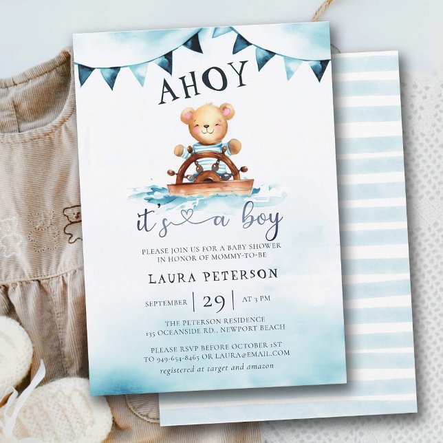 Convite Ahoy Teddy Bear Waves Boat Helm Boy Chá de fraldas (ahoy its a boy baby shower invitation teddy bear captain sailor boat helm nautical beach coastal)