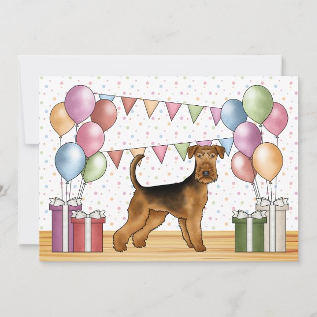 Convite Airedale Terrier Cartoon Dog Colorida Birthday (Frente)