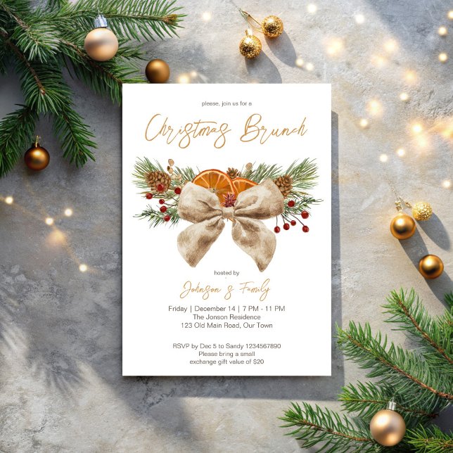 Convite Airelas de arco de pinheiras de Natal russas (Rustic Christmas brunch party invitation pines bow berries citrus Christmas dinner party Invitation)