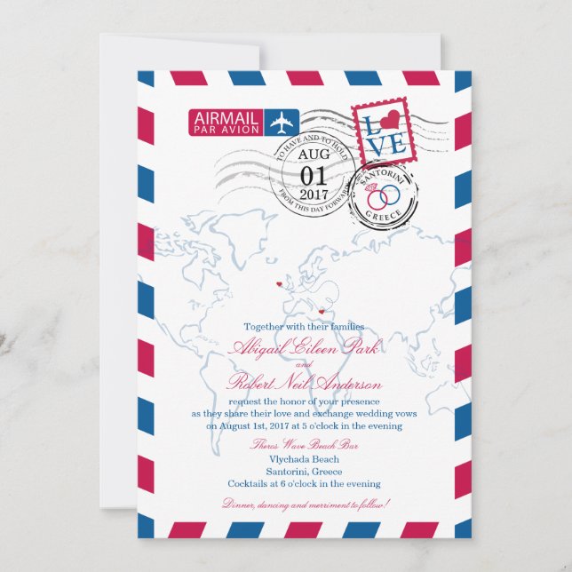 Convite Airmail Heart Ireland e Grécia Wedding (Frente)