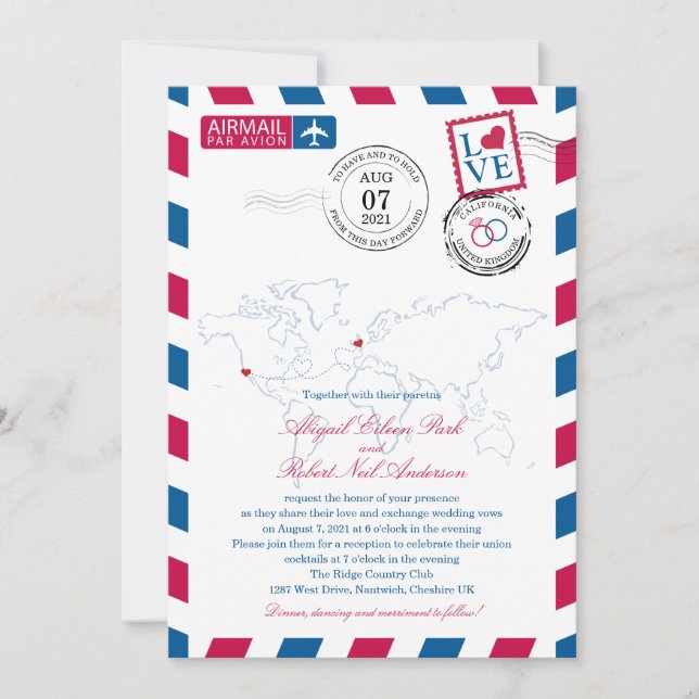 Convite Airmail Heart UK and California USA Wedding (Frente)