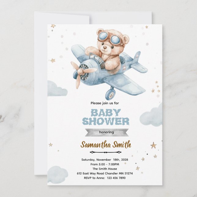 Convite Airplane Bear Baby Shower Invitation (Frente)