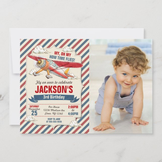 Convite Airplane Birthday Photo Invitation / Time Flies (Frente)