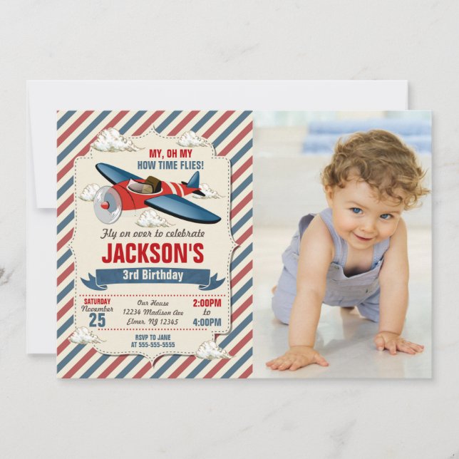 Convite Airplane Birthday Photo Invitation | Time Flies (Frente)
