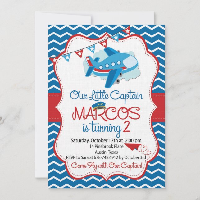 Convite Airplane theme birthday invitation for boys (Frente)
