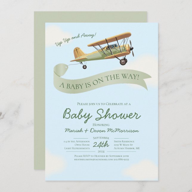 Convite Airplane Vintage Baby Shower Invitation (Frente/Verso)